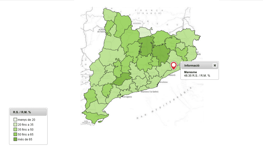 Visualització per comarques de la recollida selectiva a Catalunya, el 2021.